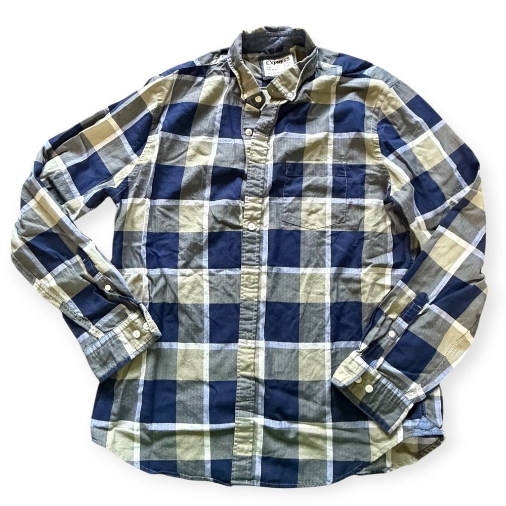 Express Slim Soft Wash Mens Large Plaid Button Down Shirt Navy Blue Olive Green